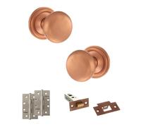 KOOPLES HARDWARE Old English Harrogate Mortice Knob Door Pack with Latch Set of 3- Fixings Included (4" Slim Knuckle Hinges x2, Urban Satin Copper)
