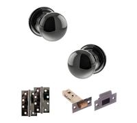 KOOPLES HARDWARE Old English Harrogate Mortice Knob Door Pack with Latch Set of 3- Fixings Included (4" Slim Knuckle Hinges x2, Black Nickel)