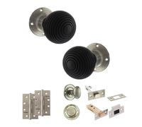 KOOPLES HARDWARE Old English Whitby Mortice Knob Complete Door Pack with Bathroom Set - Vintage Interior Door Knob - Hardware Fittings Included (4" Slim Knuckle Hinges x2, Satin Nickel, 4")
