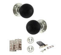 KOOPLES HARDWARE Old English Whitby Mortice Knob Complete Door Pack with Horizontal Sash Lock Set - Hardware Fittings Included (4" Slim Knuckle Hinges x2, Polished Nickel, 6")