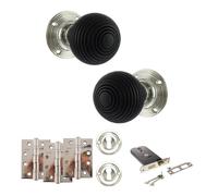 KOOPLES HARDWARE Old English Whitby Mortice Knob Complete Door Pack with Horizontal Sash Lock Set - Hardware Fittings Included (4" Grade 13 Hinges x3, Polished Nickel, 6")