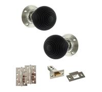 KOOPLES HARDWARE Old English Whitby Mortice Knob Complete Door Pack with Latch Set - Vintage Interior Door Knob - Hardware Fittings Included (4" Slim Knuckle Hinges x2, Polished Nickel, 3")
