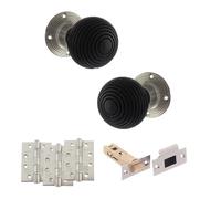 KOOPLES HARDWARE Old English Whitby Mortice Knob Complete Door Pack with Latch Set - Vintage Interior Door Knob - Hardware Fittings Included (4" Grade 13 Hinges x3, Satin Nickel, 4")
