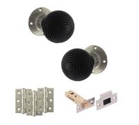 KOOPLES HARDWARE Old English Whitby Mortice Knob Complete Door Pack with Latch Set - Vintage Interior Door Knob - Hardware Fittings Included (3" Grade 7 Hinges x3, Satin Nickel, 3")