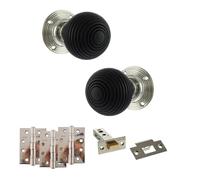 KOOPLES HARDWARE Old English Whitby Mortice Knob Complete Door Pack with Latch Set - Vintage Interior Door Knob - Hardware Fittings Included (4" Grade 13 Hinges x3, Polished Nickel, 4")