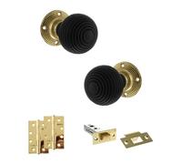 KOOPLES HARDWARE Old English Whitby Mortice Knob Complete Door Pack with Latch Set - Vintage Interior Door Knob - Hardware Fittings Included (4" Slim Knuckle Hinges x2, Polished Brass, 4")