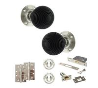 KOOPLES HARDWARE Old English Whitby Mortice Knob Complete Door Pack with Lock Set - Vintage Interior Door Knob - Hardware Fittings Include (4" Slim Knuckle Hinges x2, Polished Nickel, 3")