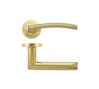 KOOPLES HARDWARE Olympus Lever on Round Rose - Slimline Modern Door Handle in Satin Stainless Steel - Minimalist Lever Design - Concealed Fixings - Fixings Included (Favo Satin Brass)