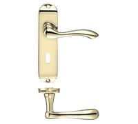 KOOPLES HARDWARE Project Arundel Lever on Lock Backplate - 175mm x 42mm - Satin Stainless Steel Door Handle with Keyhole - Modern Commercial Grade Design - Fixings Included (Electro Brass)