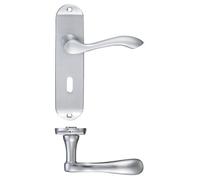 KOOPLES HARDWARE Project Arundel Lever on Lock Backplate - 175mm x 42mm - Satin Stainless Steel Door Handle with Keyhole - Modern Commercial Grade Design - Fixings Included (Satin Chrome)