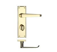 KOOPLES HARDWARE Project Victorian Flat Lever on Bathroom Backplate - 150mm x 40mm - Satin Stainless Steel Bathroom Door Handle with Thumbturn - Fixings Included (Electro Brass)