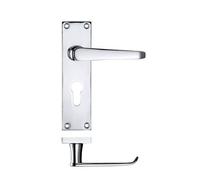 KOOPLES HARDWARE Project Victorian Flat Lever on Euro Backplate - 150mm x 40mm - Satin Stainless Steel Door Handle with Euro Keyhole - Traditional Slim Profile - Fixings Included (Polished Chrome)