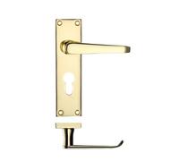 KOOPLES HARDWARE Project Victorian Flat Lever on Euro Backplate - 150mm x 40mm - Satin Stainless Steel Door Handle with Euro Keyhole - Traditional Slim Profile - Fixings Included (Electro Brass)