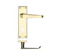 KOOPLES HARDWARE Project Victorian Flat Lever on Lock Backplate - 150mm x 40mm - Satin Stainless Steel Door Handle with Keyhole - Traditional Slim Design - Fixings Included (Electro Brass)