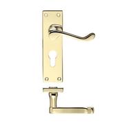 KOOPLES HARDWARE Project Victorian Scroll Lever on Euro Backplate - 150mm x 40mm - Traditional Style Door Handle for Euro Cylinder Locks - Satin Stainless Steel - Fixings Included (Electro Brass)
