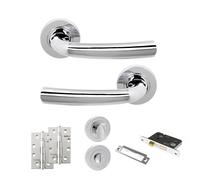KOOPLES HARDWARE Status Nevada Lever Door Handle on Round Rose Door Pack with Sashlock Set - Fixings Included (4" Grade 13 Hinges x3, Polished Chrome, 3")