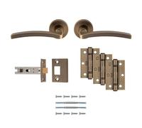 Kooples Hardware Tavira Latch Pack - Ultimate Door Handle Set with Lever on Rose, Tubular Latch, Hinges & Fixings - Satin Chrome Finish - Complete Internal Door Kit (Antique Brass)