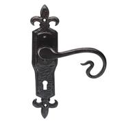 KOOPLES HARDWARE Traditional Cast Iron Black Fleur De LYS Lever Lock Backplate Door Handle Pair Rustic Design Door Handle Set for Internal and External Use 222x50mm