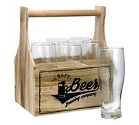 Koopman International Beer Glasses Half Pint Set of 6 with Wooden Caddy Crate Carrier Vintage Beer Lager German Beer Glasses & Holder Toughened Glass Half Pint Set Glassware, (CD1002640)