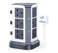 KOOSLA [65W] PD Tower Extension Lead Surge Protection, Multi Plug Extension with 12 Widely Spaced AC Outlets / 2 USB-C / 3 USB-A Ports, 2M Heavy-Duty Extension Cord for Home Office
