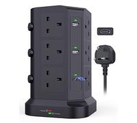 KOOSLA Dual 20W USB C Tower Extension Lead [PD 3.0/QC 3.0], 12 Way Extension Tower with 4 USB A Output [13A 3250W] Surge Protected Plug Extension for Office, Home, School, 2M Extension Cord, Black
