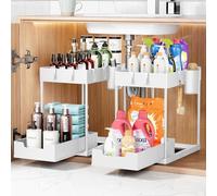 KOOSREEL 2 Tier Under Sink Storage Organizer, Drawer Pull Out Kitchen Shelf, Spice Rack, Multifunctional Storage Basket for Bathroom - White, 2 Pieces