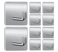 KOOSREEL Self Adhesive Hooks, Extra Sticky and Strong on Wall and Door, 10 Packs 304 Stainless Steel Heavy Duty Hooks for Doors, Kitchen, Bathroom, Cupboards, Office, Walls, Coats, Keys, Silver
