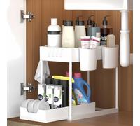 KOOSREEL Under-Sink Organizer 2 Levels, Sliding Basket, White, 39 cm (D) x 37.5 cm (H) x 21 cm (W), Kitchen, Bathroom, Office, Multifunctional Storage Basket