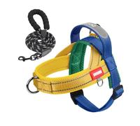 KOOSUFA Medium Dog Harness and Lead Set No Pull Saddle Style Blue-yellow L | Reflective, Easy-on Breathable Vest, Soft Mesh Padded, Secure Buckle, 3 D-rings, with 1.5m Lead, for Training Walking