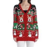 KOOSUFA Womens Christmas Cardigans Knitted Cardigan Reindeer Snowman Christmas Stocking V Neck Long Sleeve Button Down Sweater Outwear for Autumn Winter Red XXL