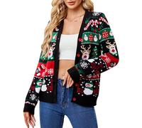 KOOSUFA Womens Christmas Cardigans Knitted Cardigan Reindeer Snowman Christmas Stocking V Neck Long Sleeve Button Down Sweater Outwear for Autumn Winter Black S