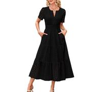KOOSUFA Womens Summer Cotton Dresses V Neck Ruffle Broderie Anglaise Dresses Short Sleeve A-Line Elastic Waist Casual Dress with Pockets Black XXL