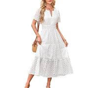 KOOSUFA Womens Summer Cotton Dresses V Neck Ruffle Broderie Anglaise Dresses Short Sleeve A-Line Elastic Waist Casual Dress with Pockets White M