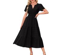 KOOSUFA Womens Summer Dresses Cotton Dress V Neck Ruffle Midi Dresses Puff Sleeves Short Sleeve A-Line Elastic Waist Casual Dress with Pockets Black XL