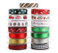 KOOTAU 15 Rolls 75 Yards Christmas Ribbons, 0.4inch Christmas Printed Grosgrain Ribbons Gold Silver Metallic Glitter Ribbons for Xmas Gift Wrapping DIY Crafts Winter Holiday Festival Decorations