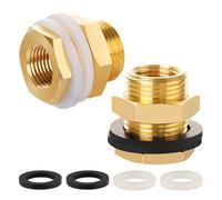 KOOTNAS Pack of 2 Solid Brass Bulkhead Fittings, 1/2 NPT Taper Female Thread 1 Inch Straight Male Thread Brass Water Tank Connector with 4 Rubber Rings and Silicone Rings for Water Towers