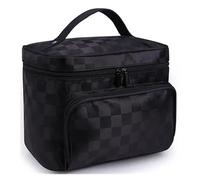 KoovDem Large Capacity Travel Makeup Bag - Waterproof Nylon Organizer with Stylish Stripe Design, Compact Lightweight Toiletry Pouch for Women, Multi-Layer Storage with Mesh Pockets(Lattice Black)