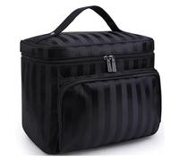 KoovDem Large Capacity Travel Makeup Bag - Waterproof Nylon Organizer with Stylish Stripe Design, Compact Lightweight Toiletry Pouch for Women, Multi-Layer Storage with Mesh Pockets(Stripe Black)