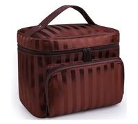 KoovDem Large Capacity Travel Makeup Bag - Waterproof Nylon Organizer with Stylish Stripe Design, Compact Lightweight Toiletry Pouch for Women, Multi-Layer Storage with Mesh Pockets(Stripe Brown)