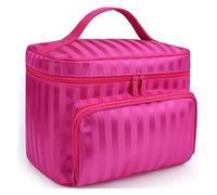 KoovDem Large Capacity Travel Makeup Bag - Waterproof Nylon Organizer with Stylish Stripe Design, Compact Lightweight Toiletry Pouch for Women, Multi-Layer Storage with Mesh Pockets(Stripe Rose Red)