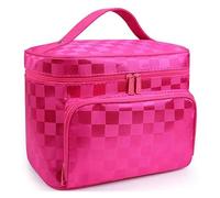 KoovDem Large Capacity Travel Makeup Bag - Waterproof Nylon Organizer with Stylish Stripe Design, Compact Lightweight Toiletry Pouch for Women, Multi-Layer Storage with Mesh Pockets(Lattice Rose Red)