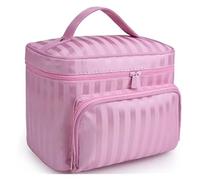 KoovDem Large Capacity Travel Makeup Bag - Waterproof Nylon Organizer with Stylish Stripe Design, Compact Lightweight Toiletry Pouch for Women, Multi-Layer Storage with Mesh Pockets(Stripe Pink)