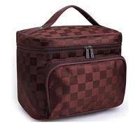 KoovDem Large Capacity Travel Makeup Bag - Waterproof Nylon Organizer with Stylish Stripe Design, Compact Lightweight Toiletry Pouch for Women, Multi-Layer Storage with Mesh Pockets(Lattice Brown)