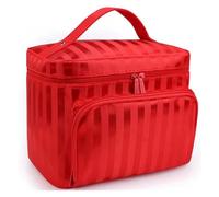 KoovDem Large Capacity Travel Makeup Bag - Waterproof Nylon Organizer with Stylish Stripe Design, Compact Lightweight Toiletry Pouch for Women, Multi-Layer Storage with Mesh Pockets(Stripe Red)