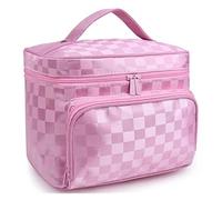 KoovDem Large Capacity Travel Makeup Bag - Waterproof Nylon Organizer with Stylish Stripe Design, Compact Lightweight Toiletry Pouch for Women, Multi-Layer Storage with Mesh Pockets(Lattice Pink)