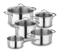 KOPF Clara Induction Saucepan Set, 8 Pieces Cookware, Oven and Dishwasher Safe, Cooking Pot Set for All Types of Cookers, 4 Pots, 1 Saucepan, 3 Glass Lids, Litre Scale, Stainless Steel