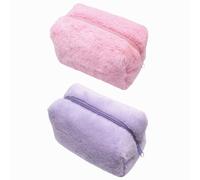 Kopida 2Pcs Plush Makeup Bag Cosmetic Bag for Women, Zipper Medium Solid Color Travel Toiletry Bag Cute Soft Make Up Bag Storage Pouch Pencil Case, Pink,Purple