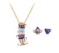 Kopida Funny Stacked Enamel Teacup Necklace Cute Tea Cup Teapot Earrings 3D Coffee Cup Teacup Pendant Necklace Creative Long Sweater Necklace for Women