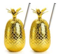 Kopinma 2 Pack Pineapple Cocktail Cup with Straw, 450Ml Gold Pineapples Drinking Cup, Hawaiian Summer Luau Party Cups, Pineapple Shape Tropical Summer Cups for Birthday Party Decor