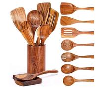 Kopinma 9 Pcs Teak Wooden Kitchen Utensil Set, Teak Cooking Spoons & Spatulas for Non-Stick Pans & Cookware, Non-Scratch, Heat, Wooden Utensil Set with Holder & Rest